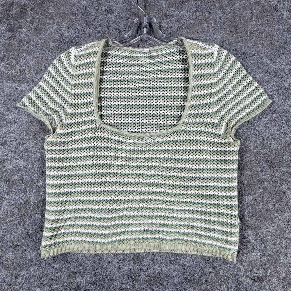 Hollister Crochet Top Womens XL Green White Striped Knit Scoop Neck Short Sleeve
